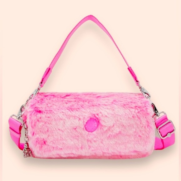 Kipling Aras Furry Shoulder Bag Crossbody Teddy Pink Metal Monkey Chain - Picture 1 of 7